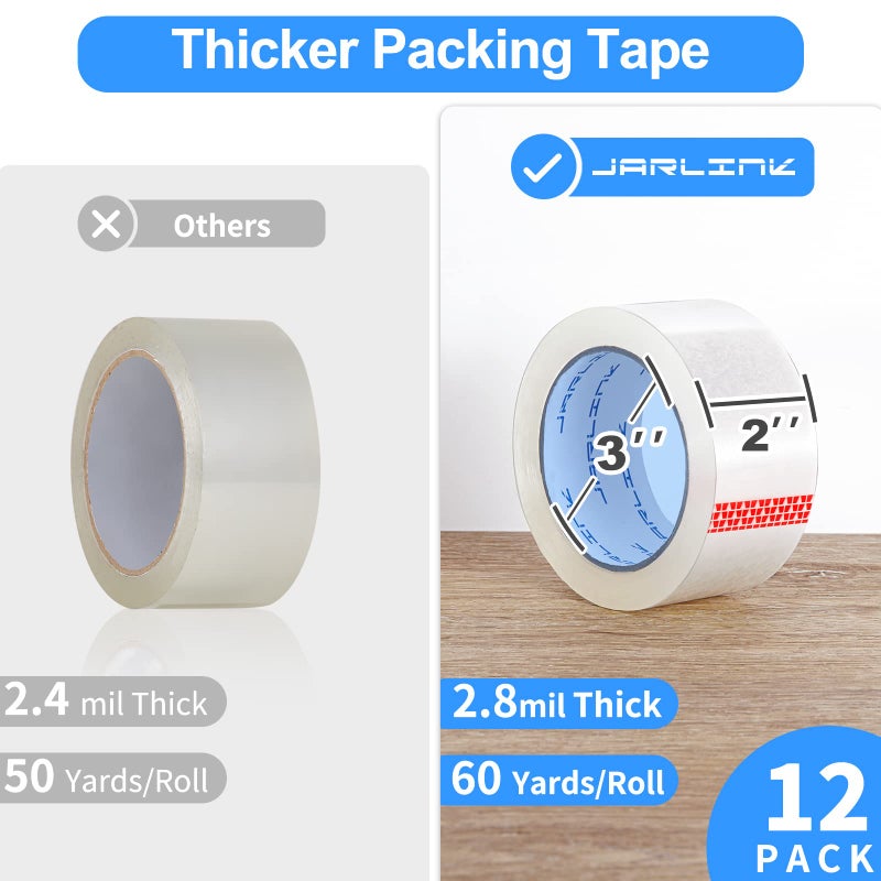 JARLINK Clear Packing Tape (12 Rolls), Heavy Duty Packaging Tape for Shipping Packaging Moving Sealing, Stronger & Thicker 2.8mil, 2 inches Wide, 60 Yards Per Roll, 720 Total Yards - Image 2